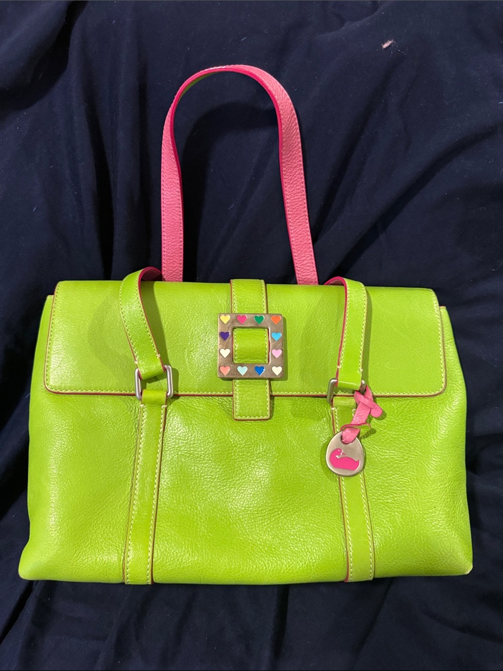 Dooney & Bourke Lime Green Tote with Pink Handles and Heart Accent